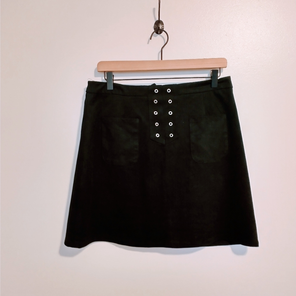 Cato black mini skirt faux suede fabric with lace up detail that is missing the